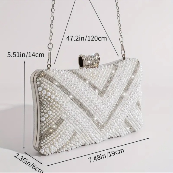 NIP White Beads Banquet Bag, Elegant Clutch Evening Bag For Women Chain Bag - Picture 4 of 12